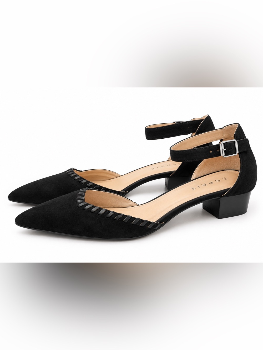 Esprit Black Pointed Toe D’Orsay Pumps Ankle Strap Low Block Heel Shoes